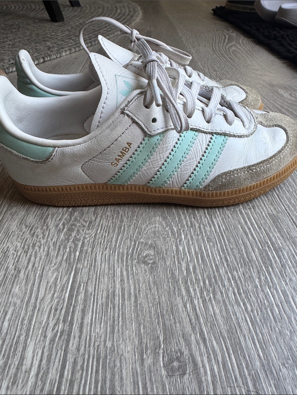 adidas White Sambas Sneakers with Mint Stripes, tan suede and Gum Sole
